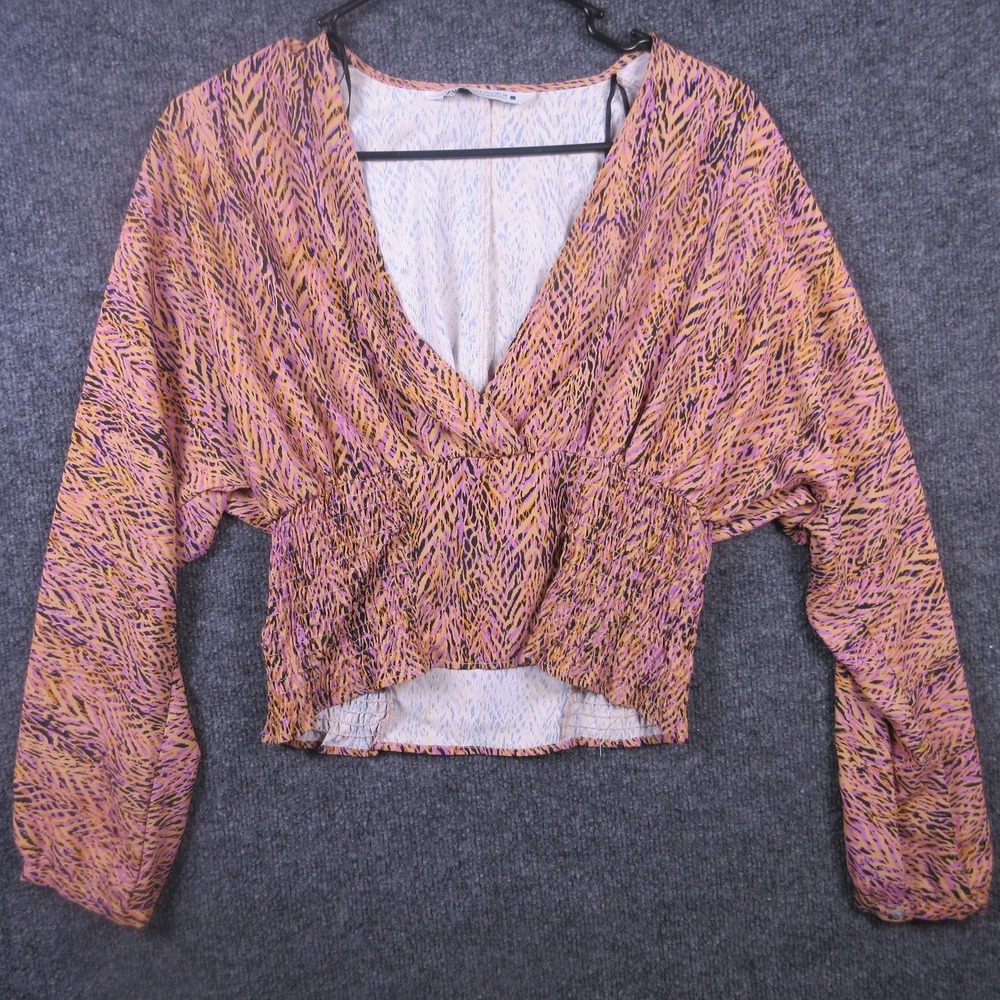 Zara Blouse Womens Small Multicolor Animal V Neck Cropped Elastic Waist Top